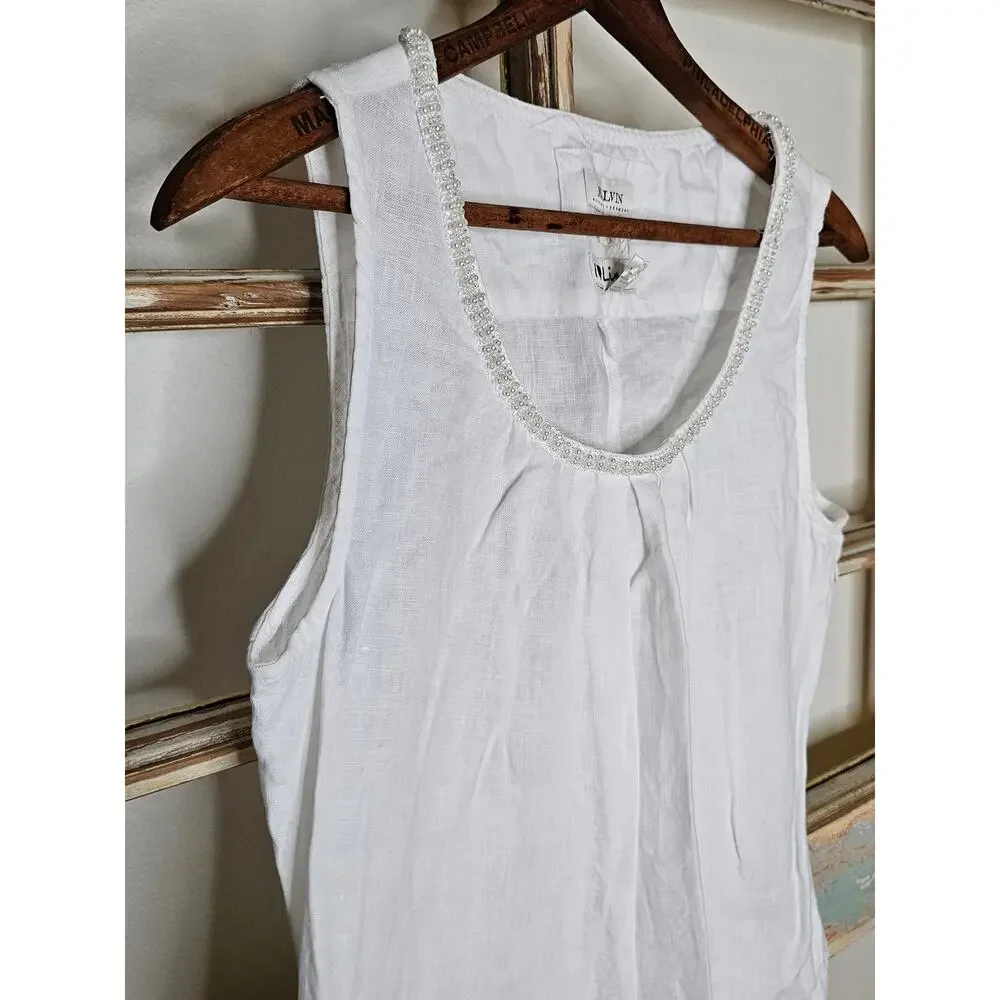 Linen Dress White Drop Waist Pearl Accents by Malvin Germany Ladies size Small - Picture 5 of 11